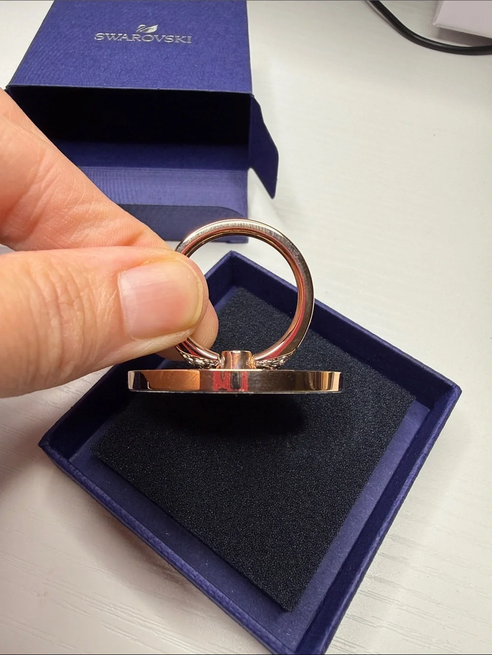 Swarovski Black Crystal Pavé Ring Phone Holder with Rose Gold Finish